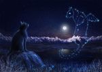  alsares ambiguous_gender black_fur cat constellation detailed_background domestic_cat feline feral full_moon fur green_eyes mammal moon moss mountain night outside plains pond sitting sky solo spirit star starry_sky 