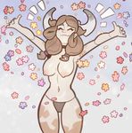  2018 animal_humanoid big_breasts bovine breasts brown_hair cattle choker clothed clothing confetti female hair heidi_moo hi_res humanoid mammal nipples panties smile solo splashbrush standing topless underwear 