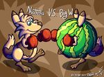  2017 boxing boxing_gloves digital_media_(artwork) ferret flurret flygon_(artist) food fruit mammal melon mustelid pixel_(artwork) procyonid raccoon redfoxxie sport watermelon 