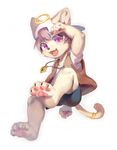  4_toes anthro blush cat clothing cub cute_fangs feline fist grey_hair hair halo jewelry mammal necklace open_mouth pawpads purple_eyes sarin-lox shirt shorts simple_background t-shirt toes vest young 