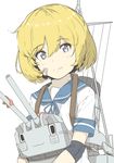  :3 bandaid bandaid_on_face bangs blonde_hair blue_eyes blue_ribbon chou-10cm-hou-chan closed_mouth crab elbow_pads eyebrows_visible_through_hair holding kantai_collection looking_at_viewer ninimo_nimo oboro_(kantai_collection) ribbon rigging school_uniform serafuku shiny shiny_hair shirt short_hair short_sleeves simple_background smile solo starfish tareme turret upper_body white_background white_shirt ||_|| 