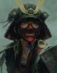  absurdres armor black_hair closed_mouth cloud cloudy_sky collarbone commentary grey_eyes grey_sky guweiz helmet highres japanese_armor japanese_clothes kabuto kimono kusazuri long_hair looking_afar low_twintails md5_mismatch menpoo original outdoors rain samurai sky solo twintails upper_body 