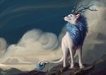  alsares blue_eyes blue_hair canine cloud detailed_background feral fur hair looking_back male mammal outside paws plant_anlters rock sky solo standing tail_tuft tuft white_fur 