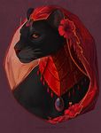  abstract_background alsares black_fur black_panther collar feline female feral flower fur hat hibiscus jewelry mammal necklace orange_eyes panther plant portrait red_theme simple_background solo 