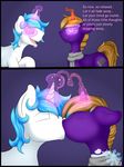  askfrosty blue_hair braided_hair brown_hair comic cutie_mark duo equine female frost_bright hair horn kissing male mammal mind_control my_little_pony purple_background scarf simple_background text transformation unicorn 
