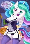  2018 absurd_res anthro anthrofied blush camel_toe clothed clothing cutie_mark dialogue digital_media_(artwork) english_text equine feathered_wings feathers female friendship_is_magic hair hi_res horn legwear long_hair looking_at_viewer mammal multicolored_hair my_little_pony princess_celestia_(mlp) solo text underwear winged_unicorn wings ziemniax 