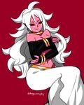  alternate_form android_21 black_nails black_sclera bracelet breasts cleavage commentary d-ryuu dragon_ball dragon_ball_fighterz earrings hoop_earrings jewelry long_hair looking_at_viewer majin_android_21 medium_breasts midriff nail_polish navel pink_skin pointy_ears red_background red_eyes smile smirk solo white_hair 