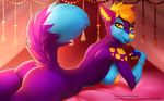  5_fingers anthro blonde_hair breasts butt canine digital_media_(artwork) dipstick_tail female fox fur gorsha_pendragon hair inner_ear_fluff lying mammal multicolored_tail nipples on_front purple_fur smile solo yellow_areola yellow_eyes yellow_nipples 