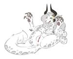  2017 4_ears absurd_res anthro anus big_pussy charr claws clitoris digital_media_(artwork) digitigrade fangs feline female flat_chested fur green_eyes guild_wars hair halbean hi_res hindpaw horn legs_up licking licking_lips long_fangs lying mammal multi_ear on_back paws pink_nose plump_labia presenting presenting_pussy purna_whitewillow pussy simple_background solo spots spotted_fur toe_claws tongue tongue_out video_games white_background white_fur 