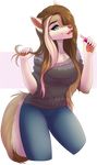  2018 5_fingers anthro blue_eyes breasts brown_hair canine clothed clothing digital_media_(artwork) dog ear_piercing ei-ka eyelashes female hair mammal open_mouth piercing simple_background smile solo teeth tongue 