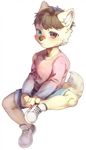  4_fingers anthro blue_eyes blush brown_eyes brown_hair canine clothing cub dog footwear hair heterochromia male mammal sarin-lox shirt shoes shorts simple_background solo young 