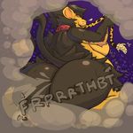  2018 anthro belly big_butt black_fur breasts butt cheetah collar duo fart feline female fur gurgle huge_butt kneeling luxray mammal nintendo nude oral_vore overweight overweight_female pok&eacute;mon pok&eacute;mon_(species) purple_background rear_view red_sclera shiny_pok&eacute;mon side_boob simple_background solo_focus sound_effects stomach_noises sweat teetah tiut video_games vore yellow_eyes yellow_fur 