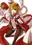  :d animal_ears arched_back bangs bare_shoulders black_legwear blonde_hair blush braid breasts brown_eyes claw_pose commentary_request detached_sleeves dog_ears dog_tail erune eyebrows_visible_through_hair granblue_fantasy haik hair_ornament highres holding holding_sword holding_weapon japanese_clothes katana legs_apart looking_at_viewer open_mouth pantyhose rope sheath shimenawa short_hair simple_background small_breasts smile solo standing standing_on_one_leg sword tail unsheathed vajra_(granblue_fantasy) weapon white_background wide_sleeves 