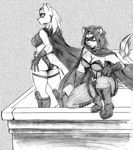  anthro avencri black_and_white boots breasts building cape cleavage clothed clothing feline female footwear hoodie mammal mask monochrome roof spectra superhero warwolf 