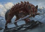  armor brown_eyes canine day detailed_background digital_media_(artwork) feral fur grey_fur holding_object holding_weapon latex_(artist) looking_at_viewer mammal melee_weapon open_mouth outside paws sky solo sword teeth tongue weapon wolf 
