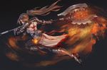  armor axe black_background brown_eyes brown_hair cross cross_necklace dungeon_and_fighter facepaint female_priest_(dungeon_and_fighter) full_body gauntlets highres inquisitor_(dungeon_and_fighter) jewelry motion_blur necklace ponytail potion slashing solo xian_yu_mo_ren 