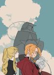  1girl ahoge alphonse_elric armor blonde_hair blue_eyes blue_sky braid brothers cloak cloud earrings edward_elric eogo_(mopidona) frown full_armor fullmetal_alchemist gloves highres hood hooded_cloak jacket jewelry long_hair looking_at_viewer ponytail siblings sky smile winry_rockbell yellow_eyes 