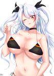  antenna_hair artist_name azur_lane bangs bare_shoulders bikini black_bikini black_choker breasts choker collarbone commentary_request eyebrows_visible_through_hair heart highres huge_breasts ibara_azuki iron_cross long_hair looking_at_viewer multicolored_hair navel one_eye_closed orange_eyes prinz_eugen_(azur_lane) side-tie_bikini silver_hair solo swept_bangs swimsuit two_side_up upper_body 