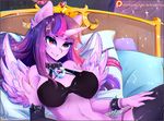  &lt;3 &lt;3_eyes 2018 anthro anthrofied armwear bed bra breasts clothing collar equine female friendship_is_magic hair hi_res horn koveliana long_hair mammal multicolored_hair my_little_pony on_bed patreon smile solo twilight_sparkle_(mlp) underwear winged_unicorn wings 