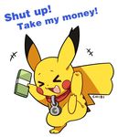  2017 3_toes 5_fingers ambiguous_gender back_markings cleft_tail collar digital_drawing_(artwork) digital_media_(artwork) dipstick_ears english_text fur holding_money holding_object markings money nintendo on_one_leg open_mouth open_smile pikachu pok&eacute;mon pok&eacute;mon_(species) raised_arm raised_leg reaction_image red_cheeks shut_up_and_take_my_money simple_background smile solo standing text toes tomato-chibi video_games white_background yellow_fur 