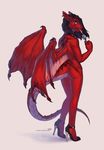  2018 anthro black_hair blazerdragon blue_eyes butt_pose clothed clothing crossdressing curved_horn dragon footwear hair high_heels lukiri male membranous_wings nude red_skin shoes simple_background smile solo white_background wings 