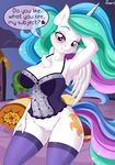  2018 absurd_res anthro anthrofied blush clothing cutie_mark dialogue digital_media_(artwork) english_text equine feathered_wings feathers female friendship_is_magic hair hi_res horn legwear long_hair looking_at_viewer mammal multicolored_hair my_little_pony princess_celestia_(mlp) pussy solo text winged_unicorn wings ziemniax 