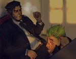  2boys age_difference beard cigar cum cum_in_mouth desk erection facial_hair family father_and_son fellatio genji_(overwatch) green_hair incest male_focus necktie overwatch penis scar siting sitting smoke smoking suit yaoi yuutayo 