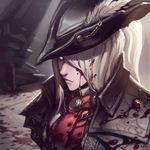  blonde_hair blood blood_on_face bloodborne blue_eyes cravat hat highres kienan_lafferty lady_maria_of_the_astral_clocktower pale_skin the_old_hunters tricorne upper_body 