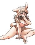  2017 5_fingers alternate_species anthro arm_support bedroom_eyes belly big_breasts biped blush bra breasts brown_eyes brown_nose camel_toe cheek_tuft cleavage clothed clothing digital_media_(artwork) eyelashes feet female front_view fur hair half-closed_eyes humanoid_feet humanoid_hands kemono korean lagomorph leaning leaning_forward long_hair looking_at_viewer mammal midriff mixed_media navel panties pink_bottomwear pink_clothing pink_topwear pinup pose rabbit raised_arm ryonggay seductive shadow short_tail shy simple_background sitting skimpy slightly_chubby small_tail small_waist smile soles solo spread_legs spreading sweat sweatdrop traditional_media_(artwork) tuft underwear voluptuous white_background white_fur white_hair white_tail yong-sil_(ryonggay) 