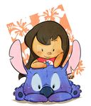  2016 3_toes 3rd_party_watermark alien arm_support bangs beady_eyes blue_fur blue_nose blush brown_hair cute digital_drawing_(artwork) digital_media_(artwork) disney distracting_watermark duo experiment_(species) fluffy fur hair head_tuft human kidbrainer leaning_on_elbow lilo_and_stitch lilo_pelekai long_hair looking_at_viewer lying mammal notched_ear on_front signature smile stitch toes watermark 