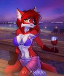  5_fingers anthro bikini black_nose canine clothing detailed_background female fox fur hair imanika inner_ear_fluff mammal night nipples pussy red_fur red_hair sitting sky smile solo star starry_sky swimsuit tongue translucent transparent_clothing yellow_eyes 