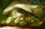  alsares ambiguous_gender claws detailed_background eyes_closed feathered_wings feathers feline feral fur grass grey_fur leopard lying mammal moss outside relaxing sleeping snow_leopard solo tail_pillow water wings 