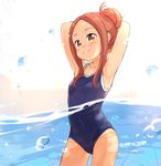  armpits arms_up brown_hair competition_school_swimsuit covered_navel cowboy_shot garun_wattanawessako hair_bun highres karakai_jouzu_no_takagi-san long_hair one-piece_swimsuit partially_submerged school_swimsuit sidelocks smile solo swimsuit takagi-san water yellow_eyes 