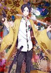  black_hair black_pants blue_eyes floral_background floral_print gun katana looking_at_viewer male_focus original over_shoulder pants pocket sheath shirt solo standing sword too_mizuguchi weapon white_shirt wide_sleeves 