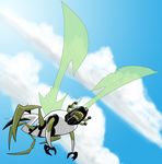  2011 3_fingers 4_eyes 4_legs alien arthropod ben_10 cartoon_network clothed clothing cloud digital_drawing_(artwork) digital_media_(artwork) dutch_angle flying green_mouth green_tongue insect insect_wings lepidopterran low-angle_view multi_eye open_mouth ramonsalas sky solo stinkfly wings 