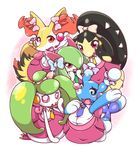 5girls animal_ears arm_up bare_shoulders blue_bow blue_neckwear blush bow braixen brionne earpiece extra_mouth fang female fox_ears fox_tail full_body furry green_hair green_neckwear hair_bow hair_ornament hair_over_one_eye hand_on_own_chest hand_on_own_face hand_up hands_on_own_face hands_up happy headphones idol kirlia looking_at_viewer mawile multiple_girls necktie negoya no_humans open_mouth pink_bow pink_eyes pokemon pokemon_(creature) pokemon_rse pokemon_sm pokemon_xy polka_dot_bow purple_bow purple_skirt red_eyes sharp_teeth shirt signature simple_background skirt sleeveless sleeveless_shirt smile standing steenee tail teeth text twintails white_background white_shirt yellow_bow yellow_neckwear 