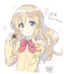  artist_name blonde_hair blue_eyes blush bow bowtie character_name chocolate closed_mouth collared_shirt commentary_request dated eyebrows_visible_through_hair holding koiwai_flora long_hair long_sleeves looking_at_viewer nanatsuiro_drops peko red_neckwear school_uniform shirt signature smile solo sweater upper_body wing_collar yellow_sweater 