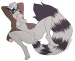  2017 anthro areola bomber_jacket bra breasts clitoris clothing eyewear female geekidog goggles hair inviting jacket mammal nipples open_jacket presenting presenting_pussy procyonid pussy raccoon robin_(character) seducing seductive simple_background solo spread_legs spreading steampunk underwear 