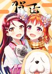  :d ahoge animal bangs blush bow braid brown_eyes capelet checkered checkered_scarf chinese_zodiac commentary_request dog flower hair_bow hair_flower hair_ornament hairband hairpin highres holding_dog japanese_clothes kimono long_hair love_live! love_live!_sunshine!! multiple_girls new_year open_mouth orange_hair pink_kimono red_eyes red_hair sakurauchi_riko scarf shiitake_(love_live!_sunshine!!) side_braid smile syuurin takami_chika upper_body white_capelet year_of_the_dog yellow_bow 