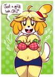  animal_crossing anthro belly black_nose blush bra breasts buckteeth canine cleavage clothed clothing clothing_lift deep_navel dialogue dog eyelashes female fur hair hand_on_breast hi_res isabelle_(animal_crossing) jelly_filled_zombie looking_at_viewer mammal navel nintendo shirt shirt_lift slightly_chubby solo teeth text tongue underwear video_games yellow_fur 