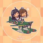  aircraft airplane black_hair brown_hair chibi hair_ornament hairclip headgear i-400_(kantai_collection) i-401_(kantai_collection) kantai_collection long_hair m6a_seiran multiple_girls multiple_riders nakaaki_masashi one-piece_swimsuit open_mouth orange_sailor_collar ponytail riding sailor_collar sailor_shirt school_swimsuit shirt short_ponytail sleeveless swimsuit swimsuit_under_clothes tan |_| 