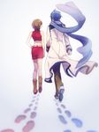  1girl akiyoshi_(tama-pete) bare_arms bare_legs bare_shoulders blue_coat blue_footwear blue_hair blue_scarf blurry boots brown_footwear brown_hair brown_pants clenched_hands coat facing_away floating footprints from_behind hand_on_hip kaito long_sleeves looking_at_another looking_back meiko midriff pants profile red_skirt red_tank_top scarf shirt short_hair side-by-side simple_background skirt sleeveless tank_top vocaloid walking white_background white_coat 