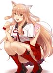  absurdres animal_ear_fluff animal_ears blonde_hair blush bracelet cellphone fate/extra fate/extra_ccc fate/extra_ccc_fox_tail fate_(series) fox_ears highres jewelry long_hair looking_at_viewer natsu_(shamikana) open_mouth phone pleated_skirt red_legwear school_uniform side_slit simple_background skirt smartphone socks solo squatting striped suzuka_gozen_(fate) vertical_stripes white_background yellow_eyes 