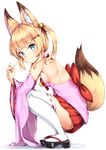  :3 animal_ear_fluff animal_ears bangs bell black_footwear blonde_hair blue_eyes blush bow breasts closed_mouth commentary_request detached_sleeves eyebrows_visible_through_hair fingernails fox_ears fox_girl fox_shadow_puppet fox_tail full_body hair_bell hair_ornament hair_ribbon jingle_bell kemomimi_oukoku_kokuei_housou long_hair long_sleeves looking_at_viewer looking_to_the_side medium_breasts mikoko_(kemomimi_oukoku_kokuei_housou) pleated_skirt red_bow red_ribbon red_skirt ribbon ribbon-trimmed_legwear ribbon_trim shiero. sideboob skirt solo squatting tabi tail thighhighs twintails virtual_youtuber white_background white_legwear wide_sleeves zouri 