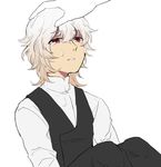  1boy bangs black_pants crying crying_with_eyes_open eyebrows_visible_through_hair fate/apocrypha fate_(series) hair_between_eyes long_pants looking_at_viewer male_focus pants red_eyes shirt short_hair sieg_(fate/apocrypha) silver_hair sitting solo tears waistcoat white_shirt woodrice 