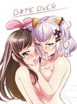  2girls a.i._channel after_kiss blue_eyes blush breast_press breasts brown_hair half-closed_eyes highres idol kaguya_luna kaguya_luna_(character) kizuna_ai large_breasts looking_at_viewer nude saliva_trail shiny_skin silver_hair small_breasts symmetrical_docking tongue tongue_out topless twintails 