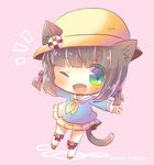 ;d animal_ears azur_lane bangs bell blue_shirt blunt_bangs blush bow brown_hair cat_ears cat_girl cat_tail chibi ears_through_headwear eyebrows_visible_through_hair fang full_body green_eyes hair_bow hat jingle_bell kindergarten_uniform kouu_hiyoyo long_sleeves looking_at_viewer mutsuki_(azur_lane) neckerchief one_eye_closed open_mouth outstretched_arms pink_background pink_bow pleated_skirt school_hat shirt short_twintails simple_background skirt smile socks solo spread_arms standing standing_on_one_leg tail twintails twitter_username white_legwear yellow_hat yellow_neckwear yellow_skirt 