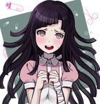  bandaged_arm bandages black_hair blush chagoon danganronpa long_hair looking_at_viewer open_mouth own_hands_together pink_shirt shirt solo strip_hair super_danganronpa_2 sweatdrop tsumiki_mikan upper_body 