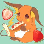  blue_background brown_eyes closed_mouth commentary_request eating food food_on_face fruit full_body gen_1_pokemon hideko_(l33l3b) holding holding_food no_humans pokemon pokemon_(creature) raichu simple_background sitting solo strawberry 