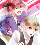  2boys ahoge astolfo_(fate) bangs black_pants black_ribbon black_skirt blush braid brown_hair couple eyebrows_visible_through_hair fang fate/apocrypha fate_(series) hair_between_eyes hair_ornament hair_ribbon hooded_jacket long_braid long_hair looking_at_viewer male_focus multicolored_background multicolored_hair multiple_boys one_eye_closed open_clothes open_jacket otoko_no_ko pants pink_eyes pink_hair purple_jacket red_eyes ribbon shirt short_hair sieg_(fate/apocrypha) single_braid star striped_shirt trap two-tone_hair very_long_hair waistcoat white_shirt xxshinoaki 